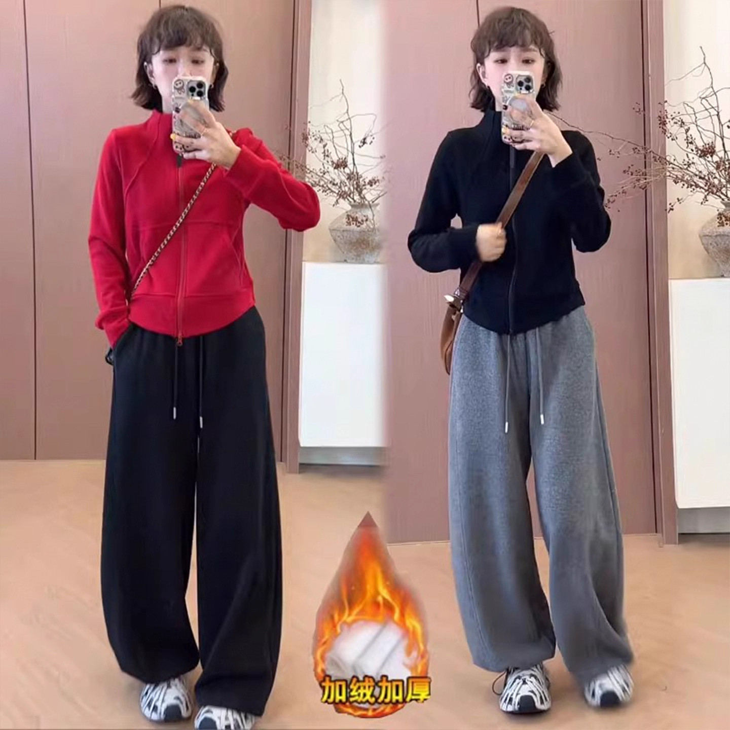 加绒加厚休闲运动套装女秋冬新款显瘦立领开衫卫衣阔腿裤两件套潮,女装/女士精品,休闲运动套装,淘宝优惠券,粉丝福利购,淘宝优惠卷