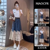 巨好看夏装 牛仔蕾丝半身裙两件套 t恤 一整套2026新款 韩系简约短袖