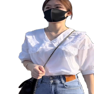 设计感花边白衬衫女时尚上衣夏高腰显瘦牛仔裙半身裙衬衣两件套装