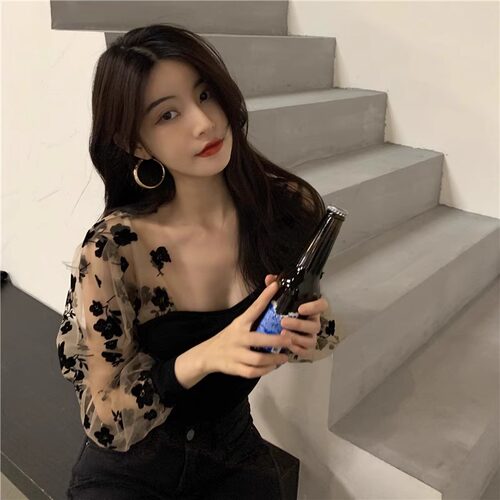 小众锁骨方领网纱泡泡袖法式小衫