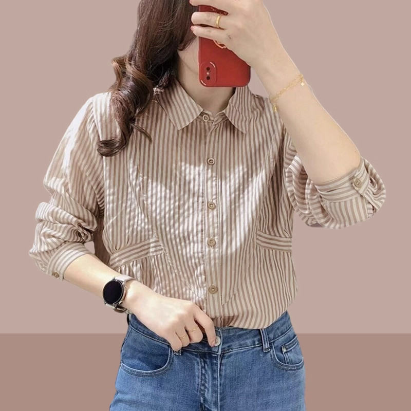 条纹女士衬衫大码女装2026年春秋季新款洋气减龄法式长袖衬衣上衣,女装/女士精品,衬衫,淘宝优惠券,粉丝福利购,淘宝优惠卷