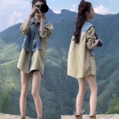 时尚 复古气质牛仔马甲拼接假两件衬衫 女秋季 韩版 中长款 衬衣外套潮