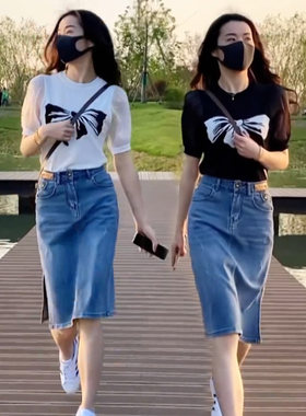 时尚牛仔半身裙套装女夏短袖显瘦休闲梨型身材成套搭配减龄两件套