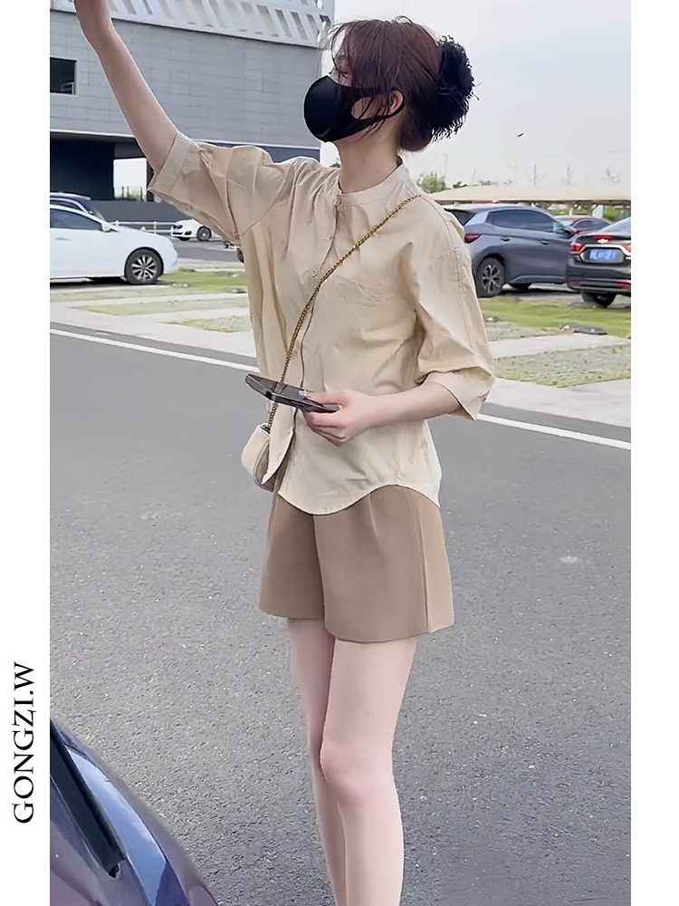 奶系穿搭夏天套装盐系轻熟百搭圆领衬衫女显瘦阔腿休闲短裤两件套图片
