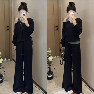 卫衣阔腿裤 减龄假两件斜肩长袖 两件套 早秋一整套韩系时尚 巨好看