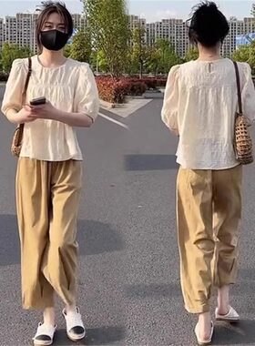 泡泡袖褶皱娃娃衫阔腿九分裤套装