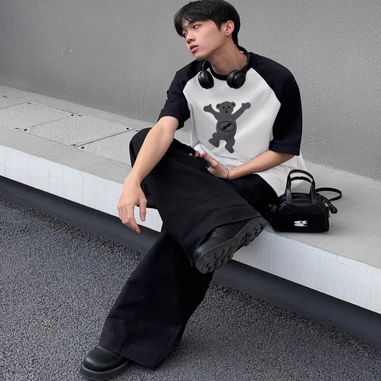 WE11DONE 24SS WBTK官网同款插肩袖撞色植绒小熊宽松短袖T恤