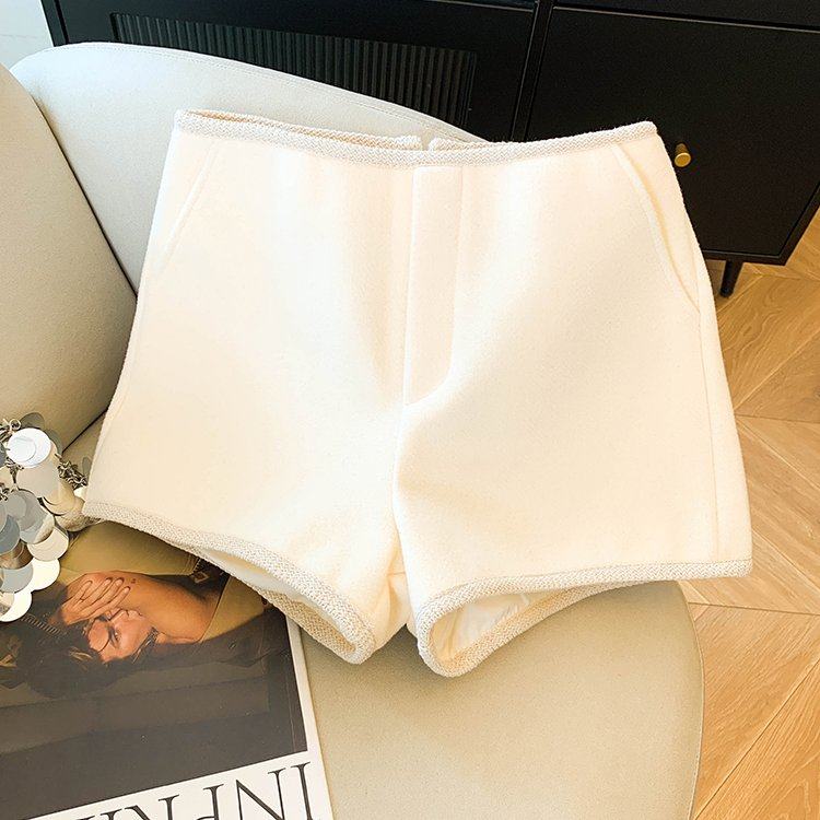 实拍简约高腰显瘦毛呢短裤阔腿裤女秋冬新款气质提臀百搭a字热裤