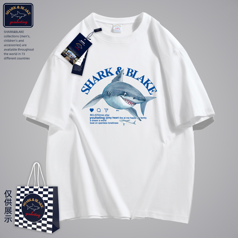 SHARKBLAKE联名款2025新款印花宽松男女同款圆领短袖情侣T恤