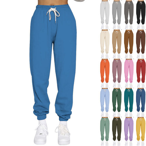 Solid color elastic waistband tied pants纯色松紧腰系带长裤女