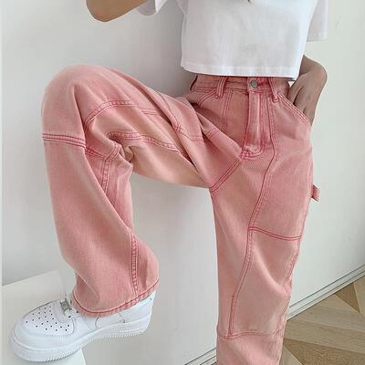 Women's wide leg pink denim trousers阔腿衣粉色女式牛仔长裤