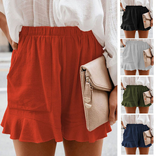 Solid color elastic waist loose shorts女士纯色松紧腰宽松短裤