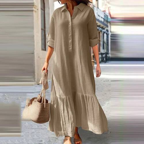 Solid color casual button up women's dress休闲纽扣女士连衣裙