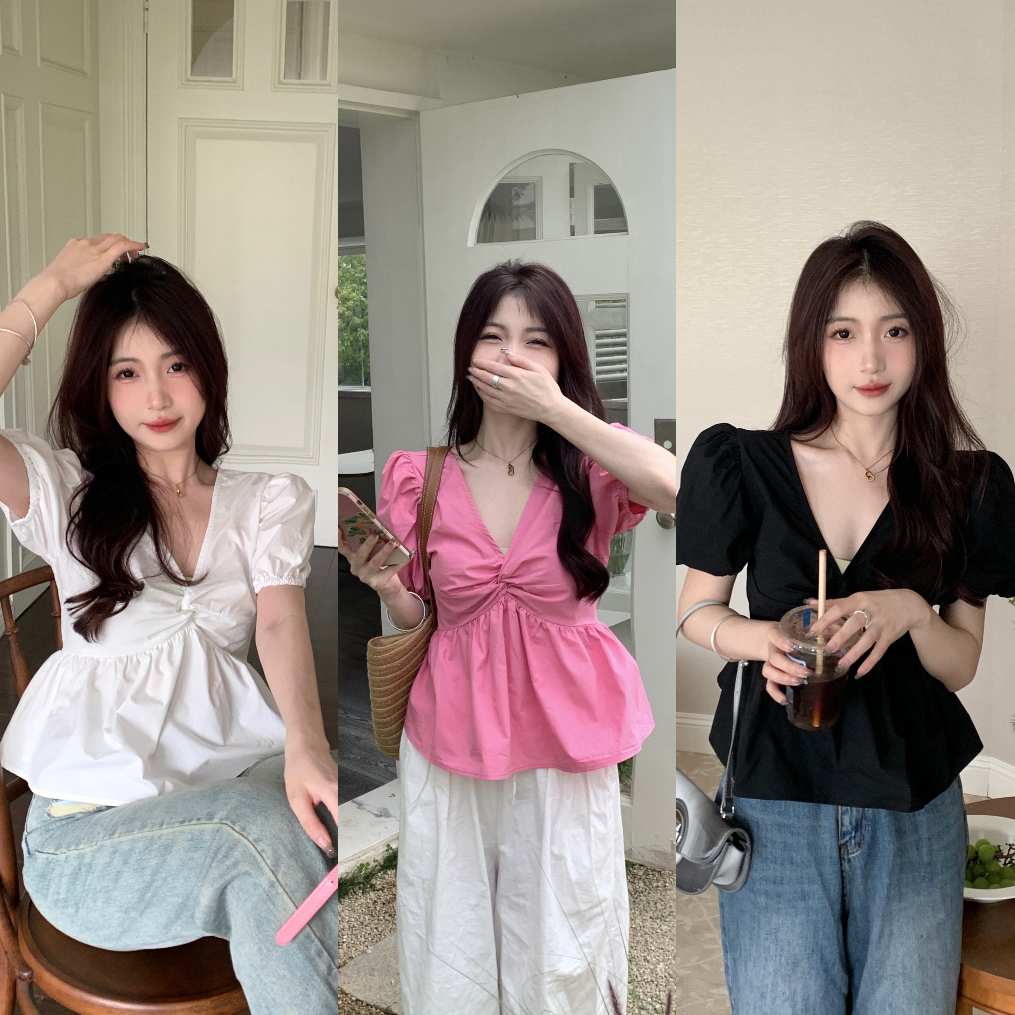 实拍 大码女装胖妹妹高级感V领扭结泡泡袖纯色衬衫