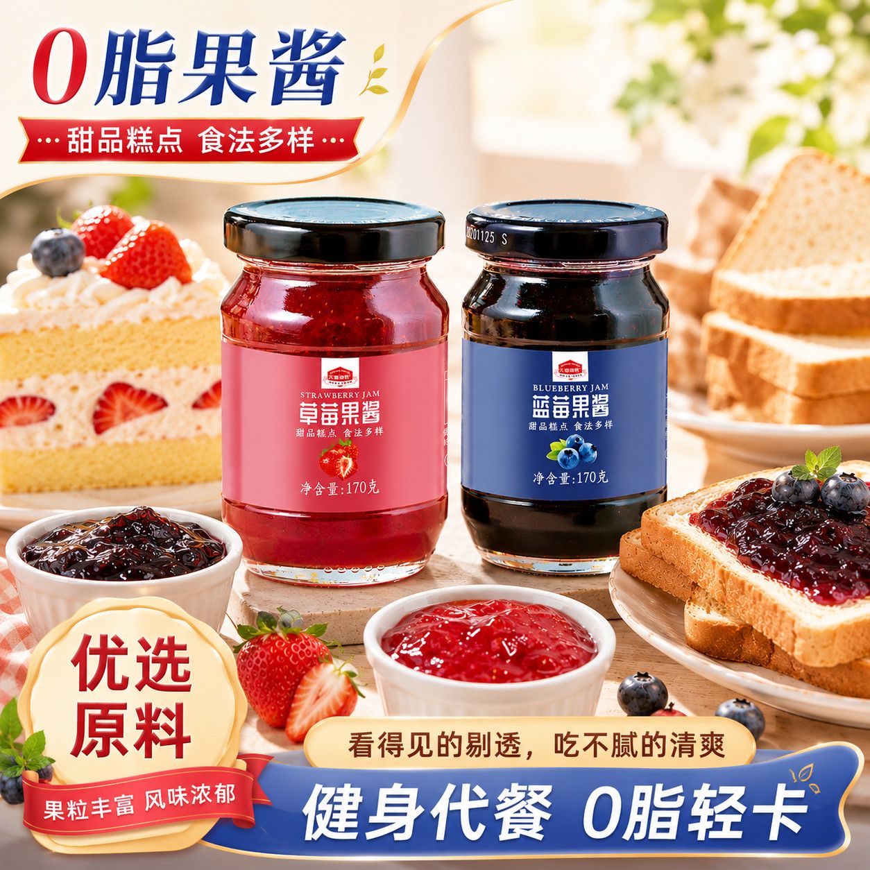 0脂肪蓝莓果酱0脂五莓酱草莓树莓果酱即食早餐涂抹面包烘焙果酱