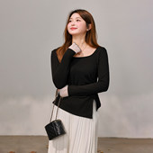 DM100大码 百搭T恤 上衣甜美花边方领收腰开叉时尚 女装 胖mm显瘦春季