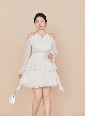 DM100微胖mm大码女装2026春季新款性感露肩荷叶边雪纺法式连衣裙