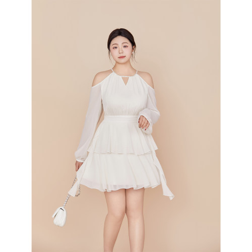 DM100大码露肩荷叶边雪纺连衣裙