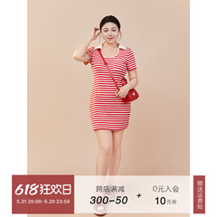 DM100微胖mm大码女装新款夏季【条纹连衣裙】苹果梨型polo条纹裙