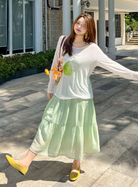 DM100大码女装秋裙子微胖mm韩系甜美风微透罩衫吊带长裙三件套装