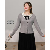 DM100大码 上衣甜美百搭撞色蝴蝶结正肩针织衫 女装 微胖mm显瘦春季