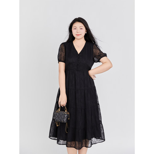 DM100大码女装夏季微胖mm【V领连衣裙】肌理提花简约雪纺连衣裙