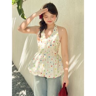 DM100大码女装秋季内搭微胖mm叠穿彩色波点挂脖花苞吊带背心上衣