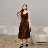 微胖mm显瘦春季 DM100大码 女装 上群假两件撞色印花丝绒碎花连衣裙