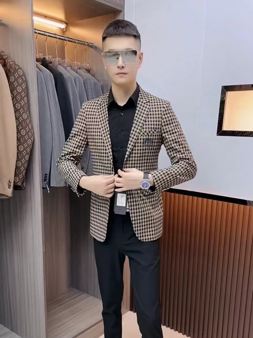 春季新款男士休闲格子西服
