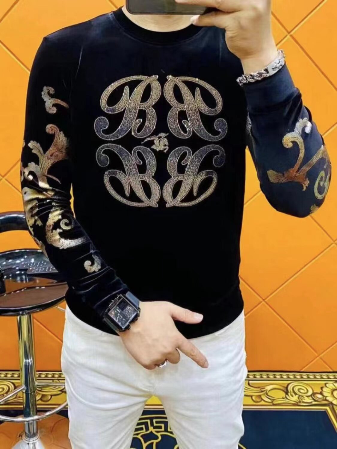 6233春秋季男士长袖t恤个性烫金印花打底衫轻奢加厚圆领套头卫衣