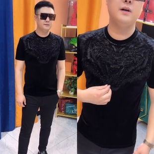 361男士秋季金丝绒烫钻短袖t恤黑色打底衫商务修身圆领半袖上衣