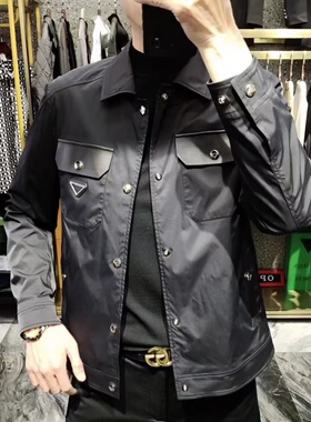 7012春季男士商务休闲翻领夹克衫时尚简约修身口袋撞色修身外套男