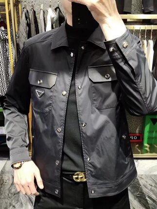 7012春季男士商务休闲翻领夹克衫时尚简约修身口袋撞色修身外套男