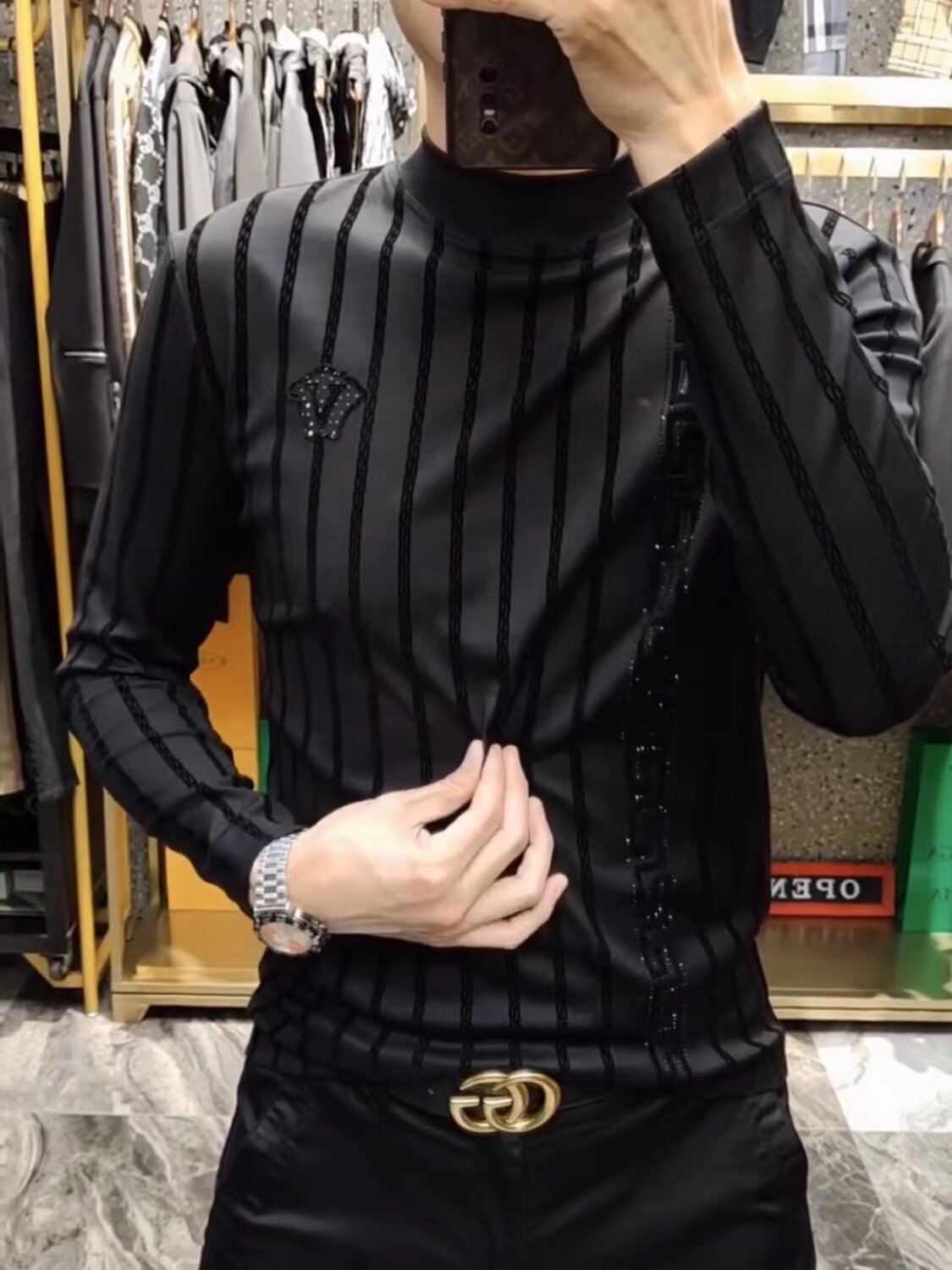 3990春季新款欧货男士长袖T恤打底衫商务休闲植绒条纹潮流小衫男