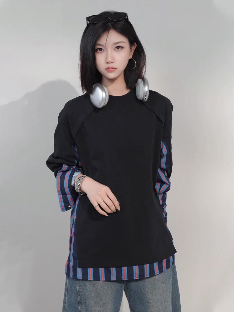 春秋季美式复古拼接宽松假两件圆领长袖卫衣男女款情侣极简风T恤