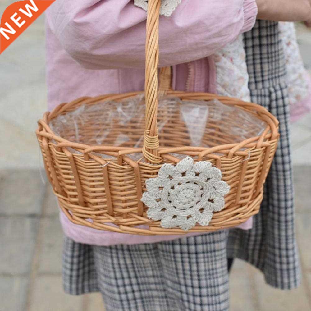 Handmade Rattan Flower Basket Braided Design Flower Print