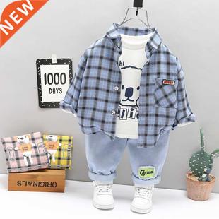 Spring Kid Boy Shirt Clothing Outwear Suit Set Plaid Coat +