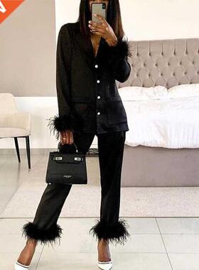 Pajamas for Women Two-piece Chic Feather Detail Casual Pajam