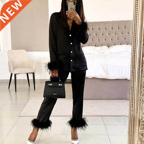 Pajamas for Women Two-piece Chic Feather Detail Casual Pajam