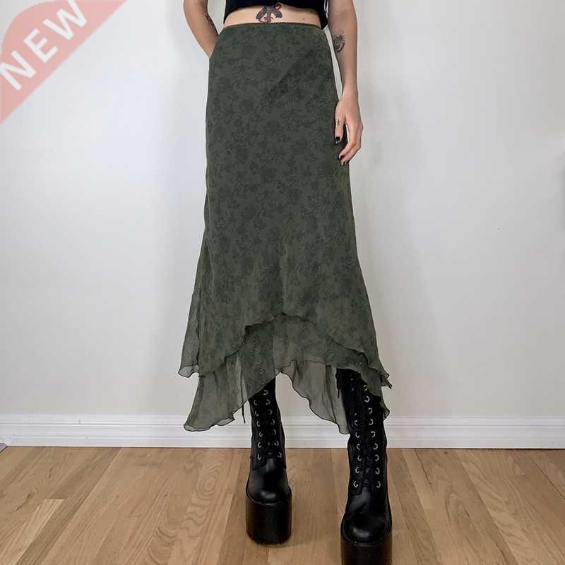 Fairycore Grunge Green Irregular Midi Skirts 2000s Retro Ele