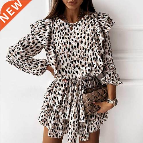 Autumn Cascading Ruffle Floral Dress Women Casual Long Sleev