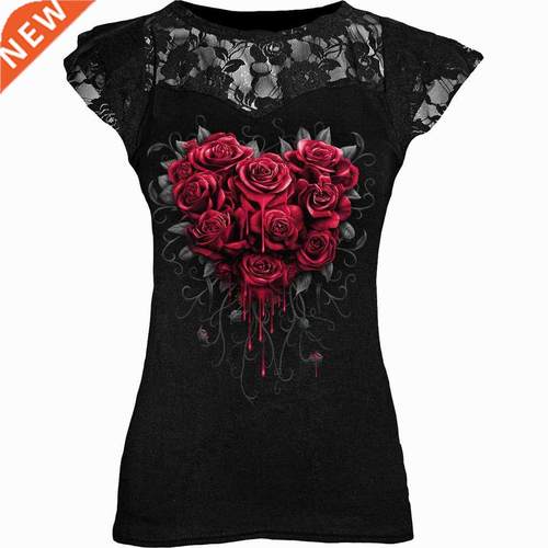 Gothic Punk Plus Size Black Graphic Lace Rose T-shirts Women