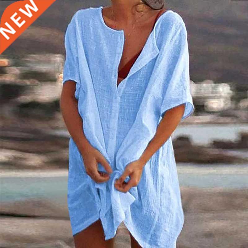 Women's Swimsuit Beach ver Ups Short Sleeve Long Blouse 2022
