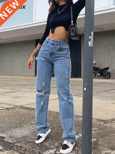 2022 Fashion Ripped Jeans Women High Waist Straight Denim Mo