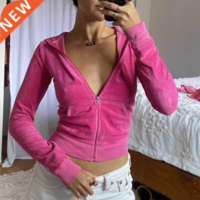 Vintage Velvet Y2K Hooded Jackets Solid Hoodies Casual Slim