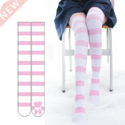 Cosplay Over Knee Socks Pink Strip Kawaii Cat Paw Print Stoc