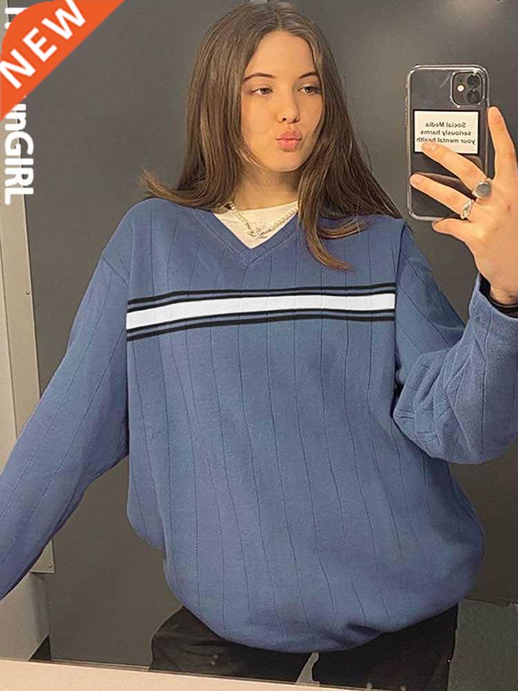 HEYounGIRL Striped V Neck Oversized Sweater Women Casual Loo