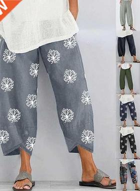 Women Harem Pants Vintage Cotton Linen Elastic Waist Wide Le
