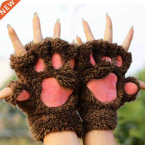 Bear Plush Cat Paw Claw Gloves Winter Faux Fur Cute Kitten F