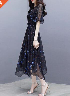 2019 Summer Women Print Chiffon Dress Casual Bohemian Elegan